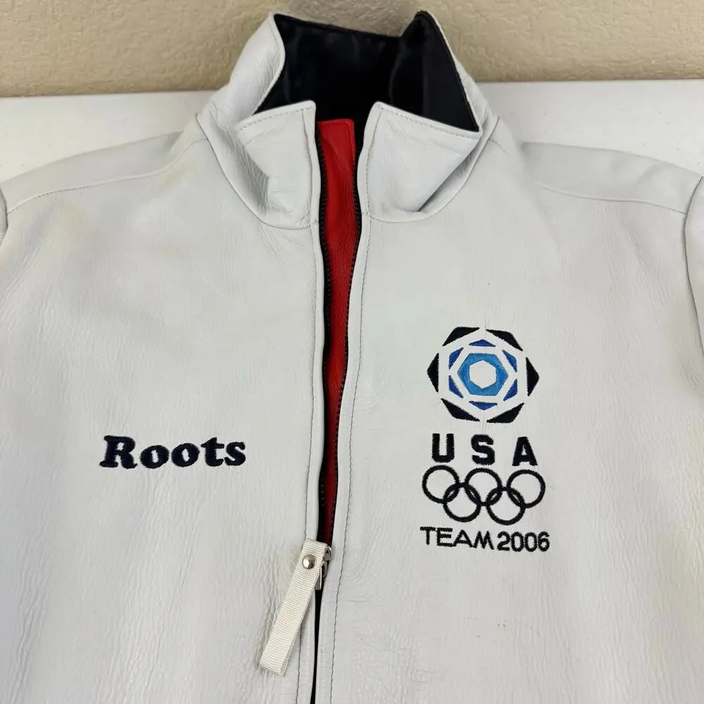 ROOTS 2006 White Leather Olympic Jacket Team USA Torino Mens Size M